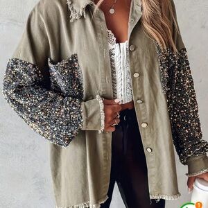 NWOT Olive Green Shacket With Sequin Sleeves